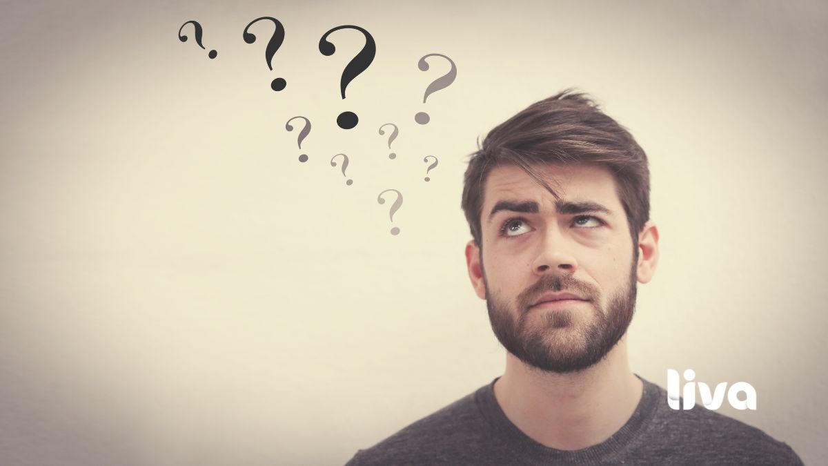 Pessoa com expressão de dúvida e interrogações, representando perguntas comuns sobre cannabis medicinal.